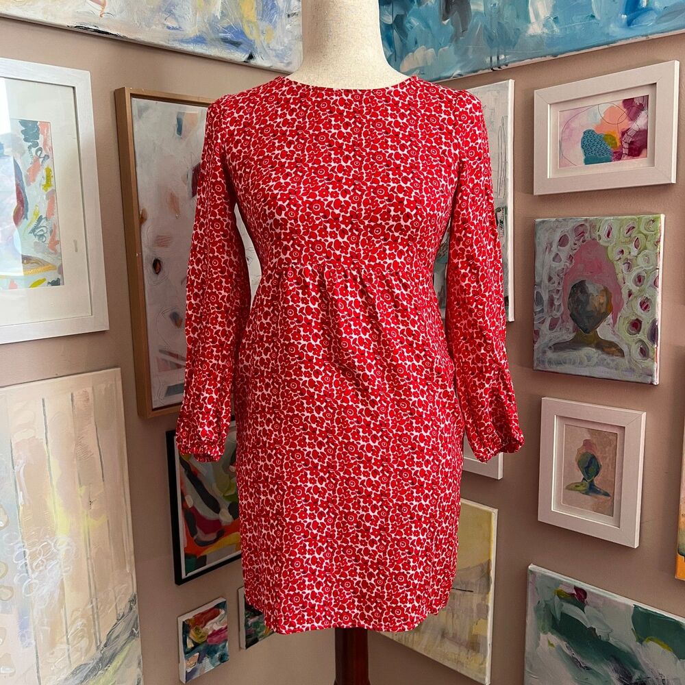 Boden Serena Floral Long Sleeve Petite Dress 2P Cottagecore Cherry Red Ditsy Pop